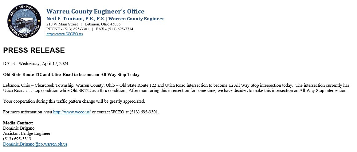 Press Release Statement from the Warren County Engineer's Office Old State Route 122 All Way Stop